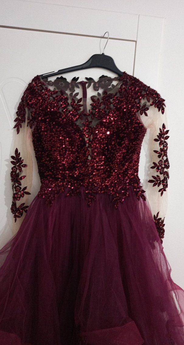 Bordo Uzun Kollu Drapeli Kadın Abiye Elbise - Görsel 3