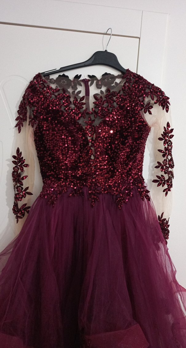 Bordo Uzun Kollu Drapeli Kadın Abiye Elbise - Görsel 4