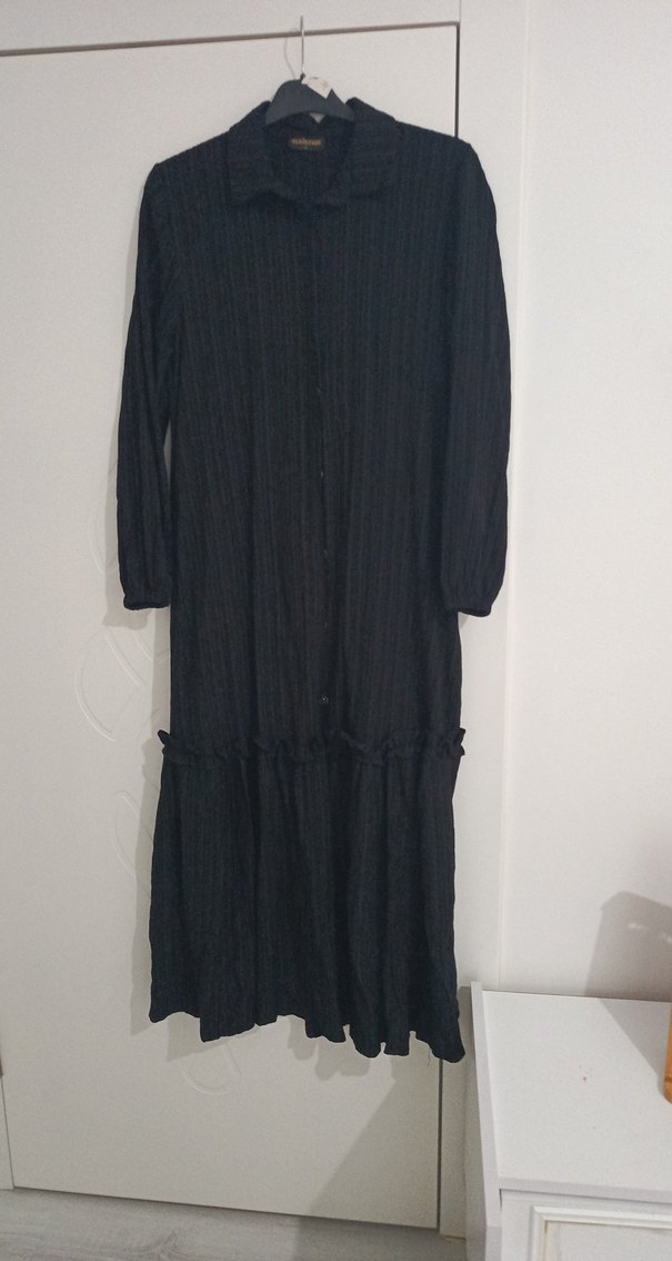 Kadın Siyah Uzun Keten Pilili Elbise - Görsel 2