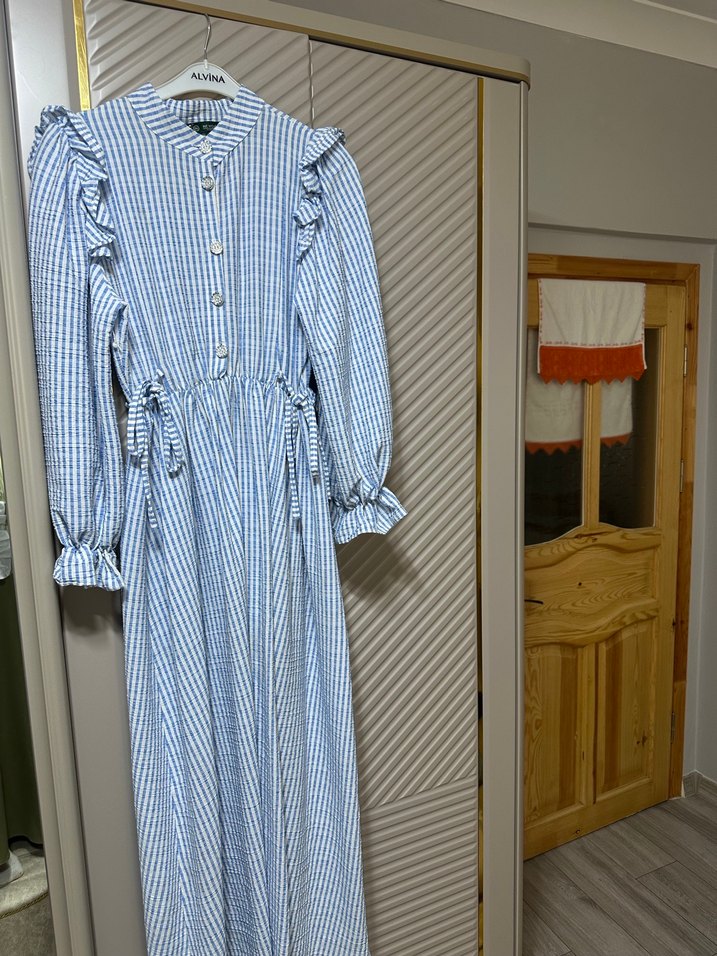 Mavi Çizgili Uzun Keten Elbise - Görsel 2