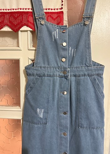 Düğmeli Mavi Kadın Uzun kot Tulum - Görsel 2