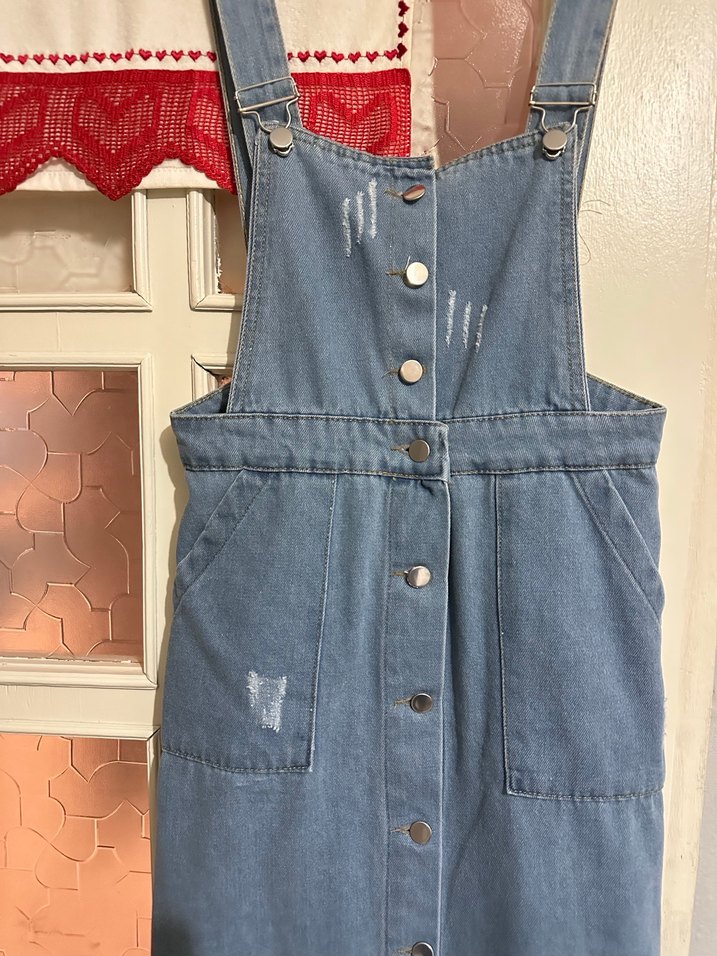 Düğmeli Mavi Kadın Uzun kot Tulum - Görsel 2