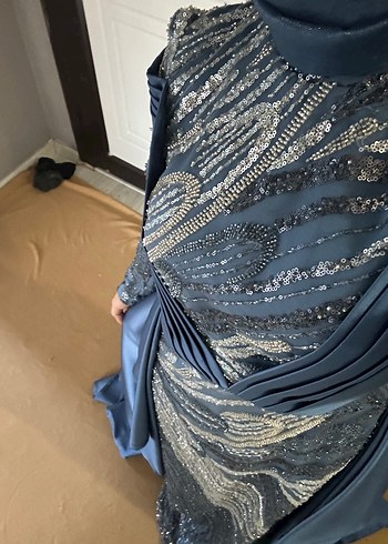 Uzun Kollu Drapeli Mavi Abiye - Görsel 2