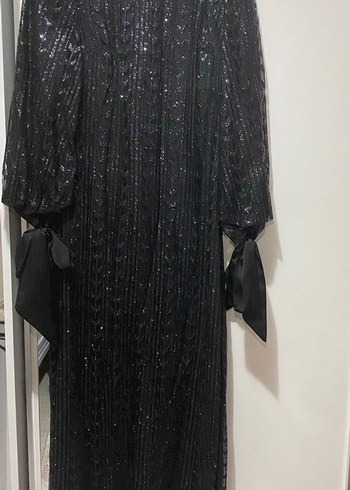 Boncuk İşlemeli Siyah Uzun tesettür Abiye Elbise - Görsel 2