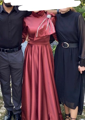 Bordo İşlemeli Uzun Kollu Tesettür Abiye Elbise - Görsel 2