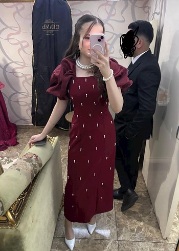 Bordo V Yakalı Uzun Kadın Elbise - Görsel 2