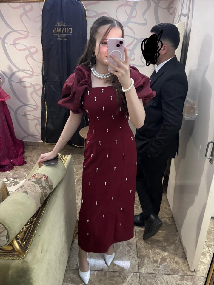 Bordo V Yakalı Uzun Kadın Elbise - Görsel 2