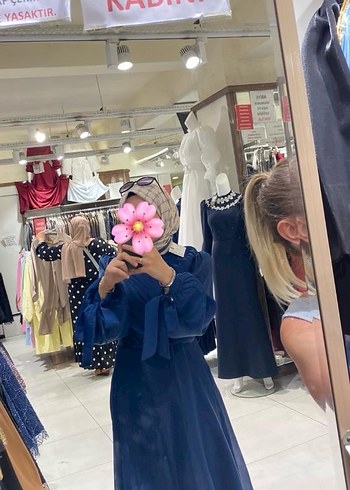 Uzun Drapeli Lacivert Bohem Tesettür Kadın Abiye - Görsel 3