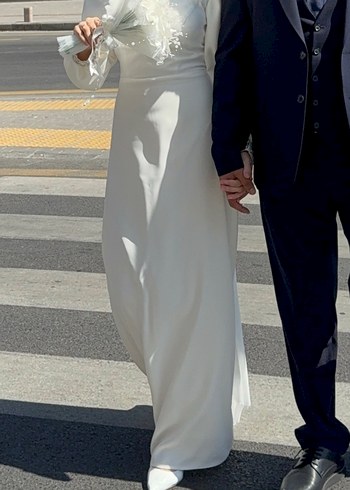 Tesettür Uzun Kollu Beyaz Düz Kesim Nikah Abiyesi Elbisesi - Görsel 4