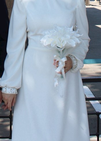 38 Beden Tesettür Uzun Kollu Beyaz Düz Kesim Nikah Abiyesi Elbisesi