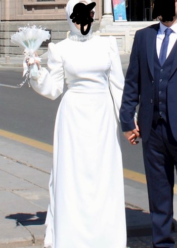 38 Beden beyaz Renk Tesettür Uzun Kollu Beyaz Düz Kesim Nikah Abiyesi Elbisesi
