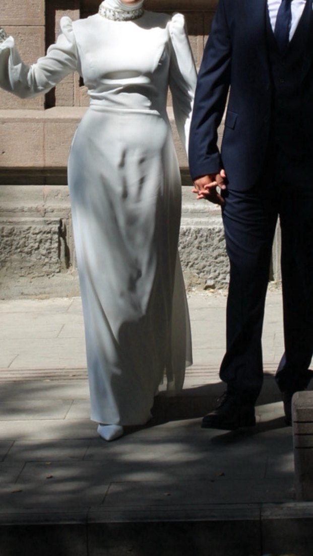 Tesettür Uzun Kollu Beyaz Düz Kesim Nikah Abiyesi Elbisesi - Görsel 3