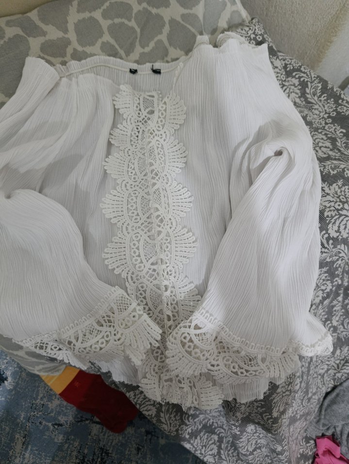 vintage dantel Detaylı Beyaz Bohem Uzun Kollu Bluz - Görsel 2