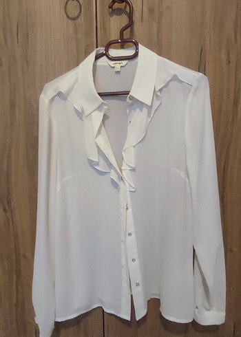 Beyaz koton V Yaka Fırfırlı Kadın Ofis gömlek 36 beden - Görsel 2