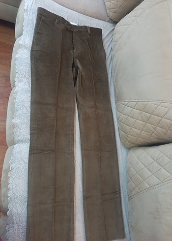 Taba rengi ince kadife Erkek Pantolon, Kemerli, Normal Boy - Görsel 2