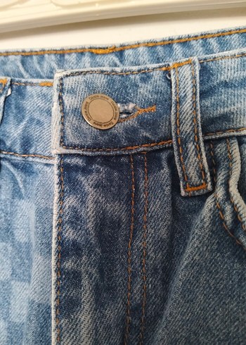 36 Beden Ekose Desenli Bol Kesim Kadın Denim Pantolon