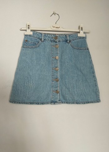 Düğmeli Mavi Denim Mini Etek
