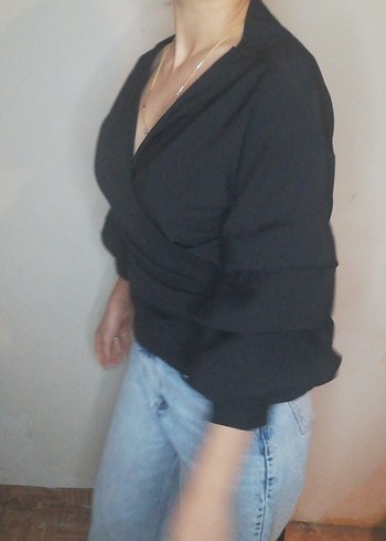 V Yaka Siyah Denim Kadın Bluz - Görsel 3