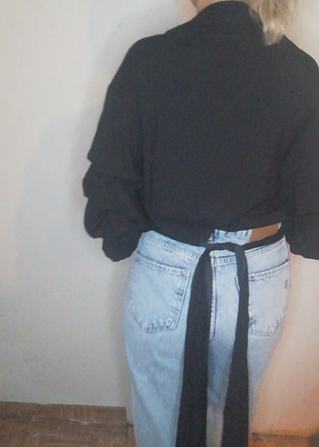 V Yaka Siyah Denim Kadın Bluz - Görsel 4