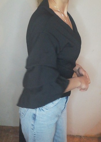 V Yaka Siyah Denim Kadın Bluz - Görsel 2