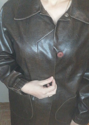 Düğmeli Kahverengi Deri Kadın Ceket - Görsel 4