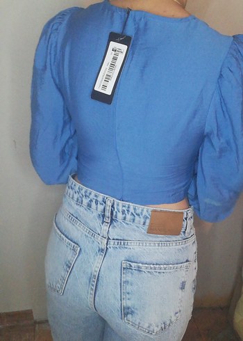 Mavi V Yakalı Denim Bluz - Görsel 3