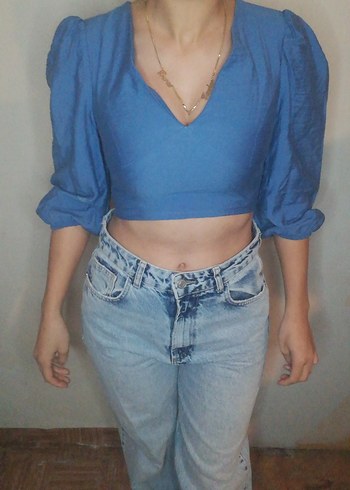 Mavi V Yakalı Denim Bluz - Görsel 5