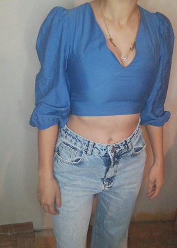Mavi V Yakalı Denim Bluz - Görsel 2