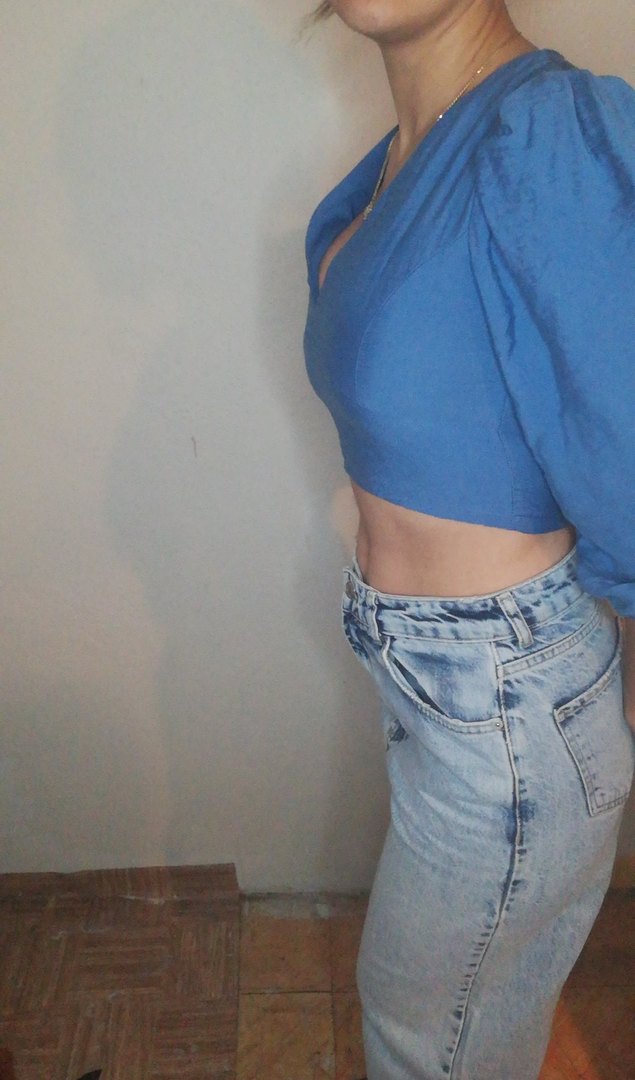 Mavi V Yakalı Denim Bluz - Görsel 4