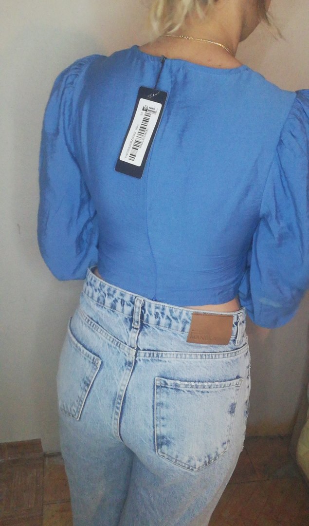 Mavi V Yakalı Denim Bluz - Görsel 3