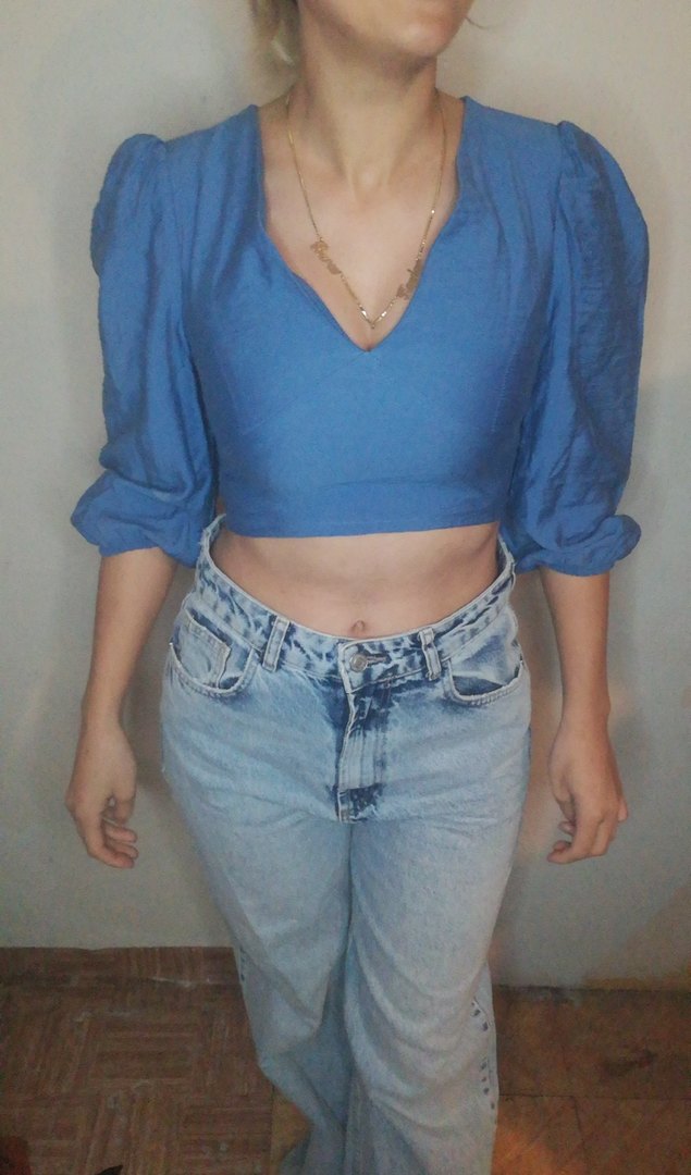 Mavi V Yakalı Denim Bluz - Görsel 5