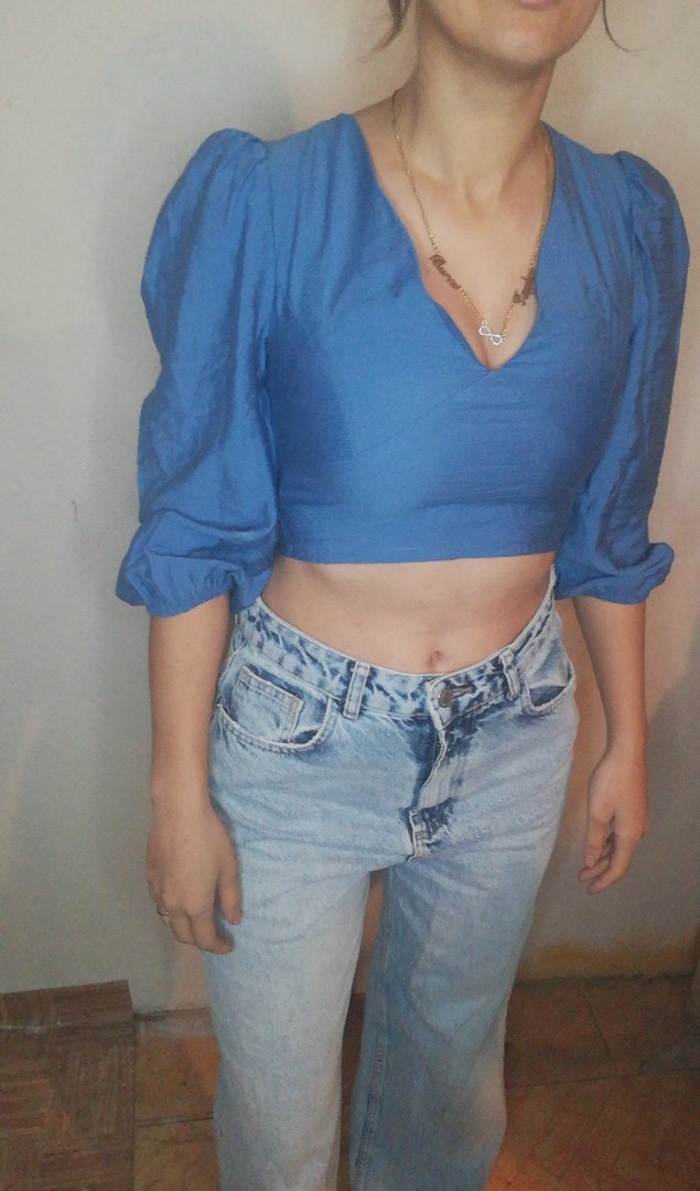 Mavi V Yakalı Denim Bluz - Görsel 2