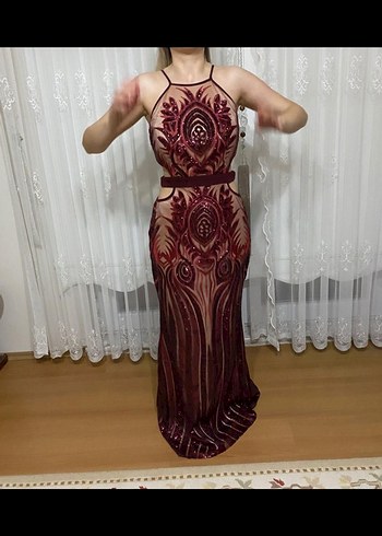 Bordo Uzun Abiye Elbise - Görsel 2