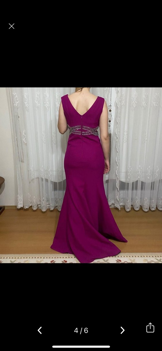 Mor V Yakalı Uzun Drapeli Abiye Elbise - Görsel 2