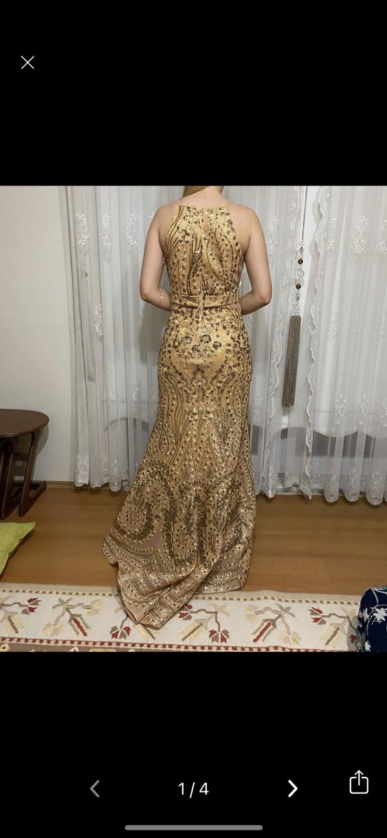 İşlemeli Drapeli Gold Uzun Abiye - Görsel 2