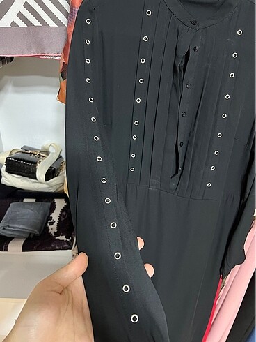 l Beden siyah Renk Siyah şifon zımbalı elbise