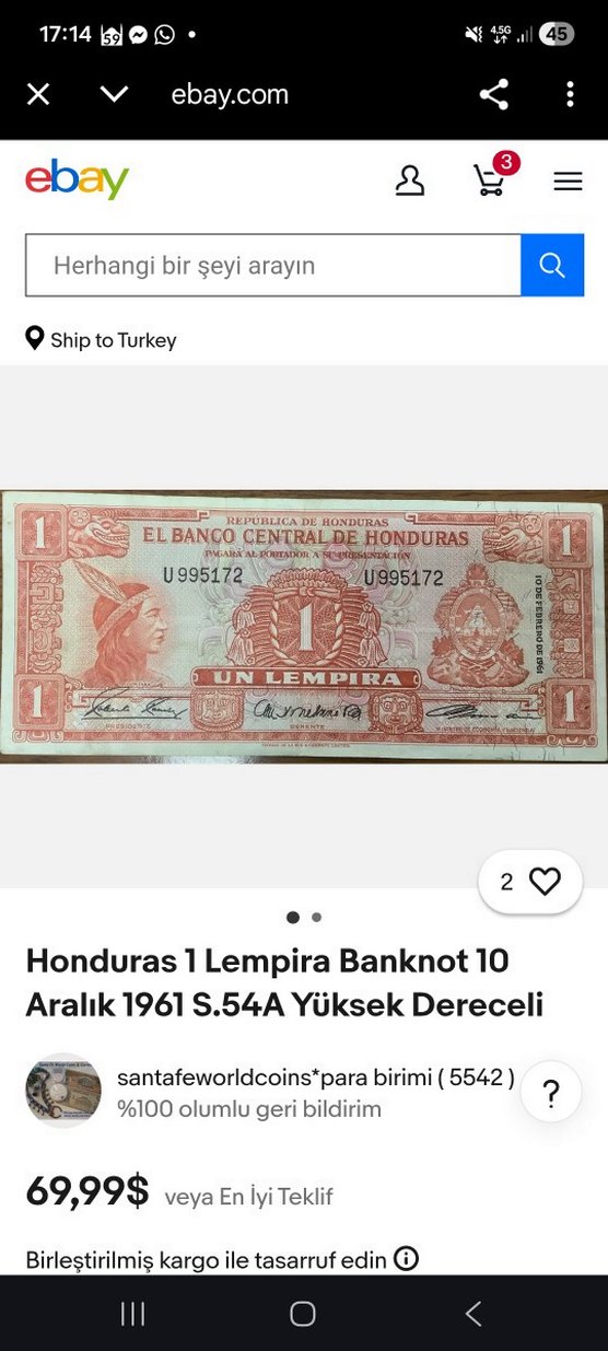 1 Lempira Honduras Antika Kağıt Para 1961 kaçmaz fiyata - Görsel 3