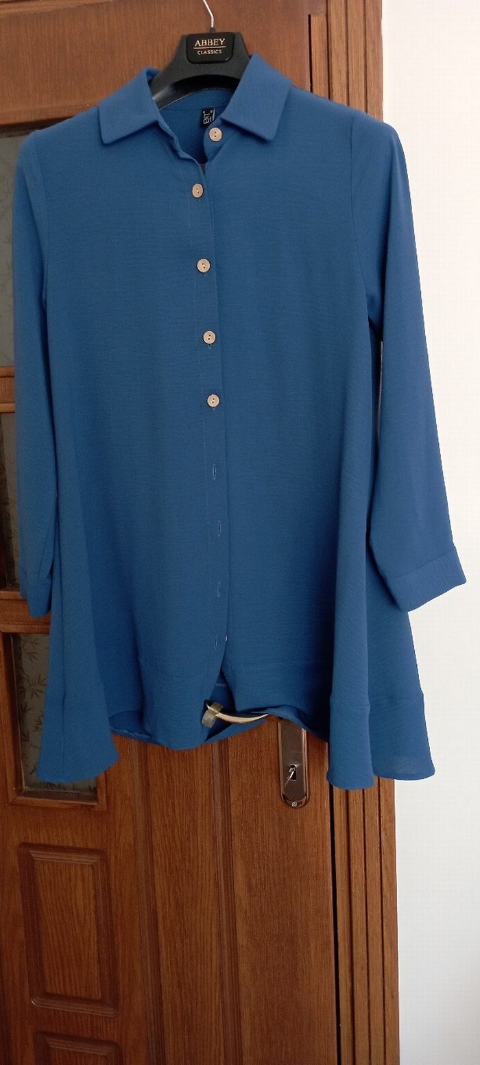 Düğmeli Mavi Uzun Kollu Kadın Tunik - Görsel 2