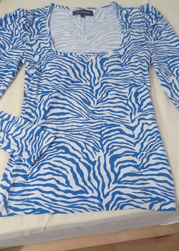 s Beden Mavi Zebra Desenli Kadın Uzun Kollu Bluz