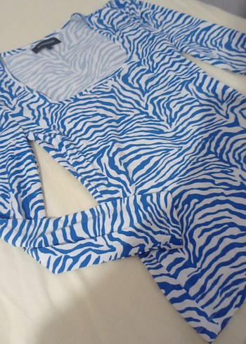 Diğer Mavi Zebra Desenli Kadın Uzun Kollu Bluz