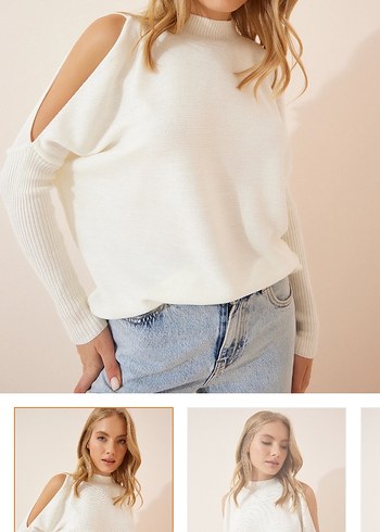 Beyaz Triko Omuz Detaylı Kadın Kazak - Görsel 2