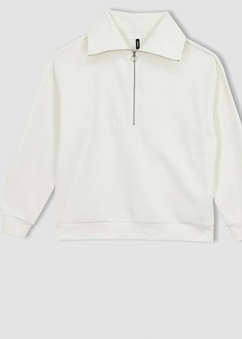 Kadın Beyaz Yarım Fermuarlı Sweatshirt - Görsel 2
