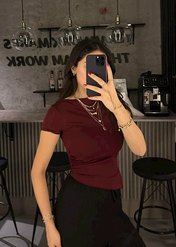 Bershka Bordo Yüksek Yakalı Kısa Kollu Bluz