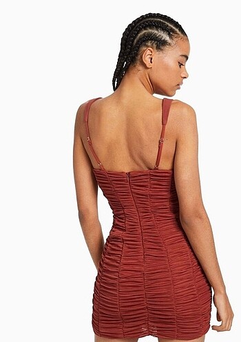 m Beden kahverengi Renk BERSHKA / DRAPELİ MİNİ ELBİSE
