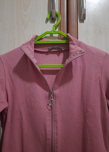 xl Beden pembe Renk Fermuarlı crop hirka
