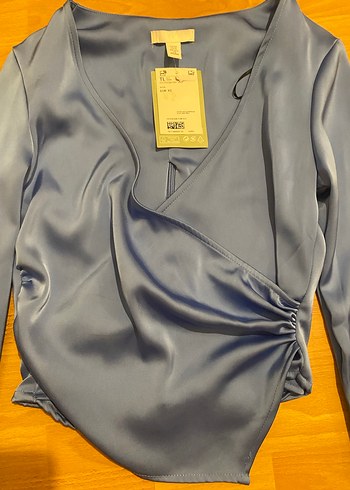 H&M Mavi Saten Uzun Kollu Bluz - Görsel 3