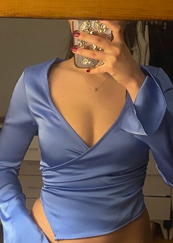 H&M Mavi Saten Uzun Kollu Bluz - Görsel 2