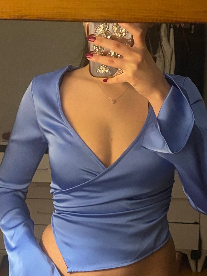 H&M Mavi Saten Uzun Kollu Bluz - Görsel 2