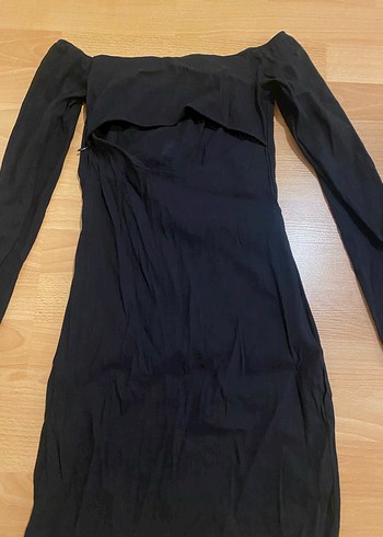 Bershka Kayık Yaka Siyah Uzun Kollu Mini Elbise - Görsel 2