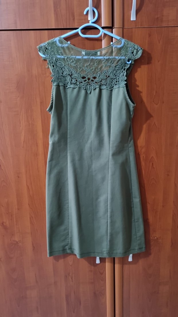 Dantel Detaylı Bohem Haki Mini Elbise - Görsel 2